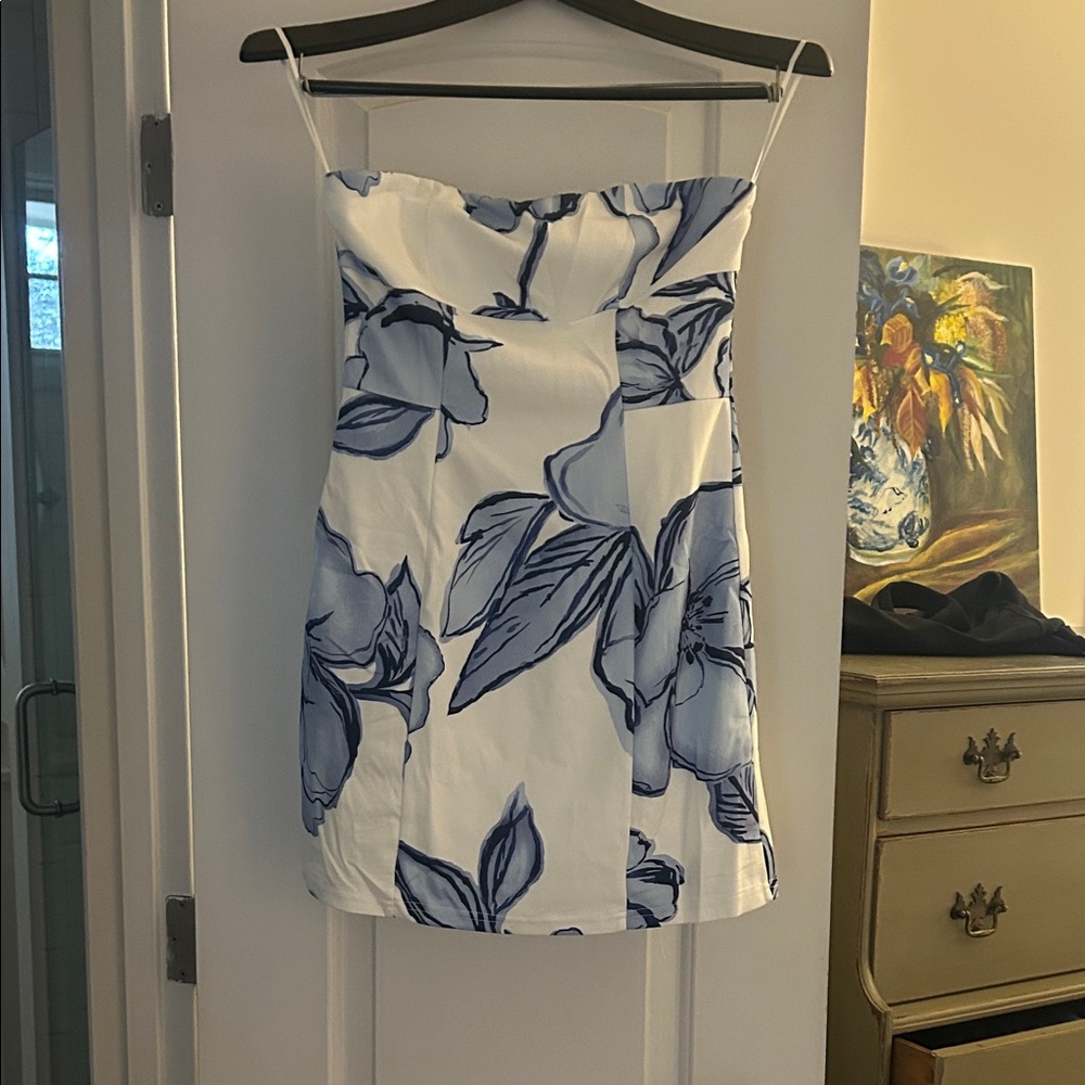 Floral Strapless Dress in White and Blue